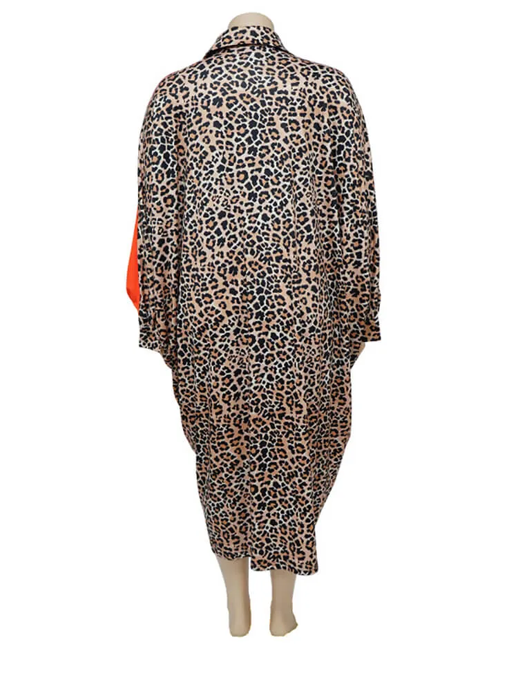 Long Sleeve Leopard Patchwork Midi Dresses