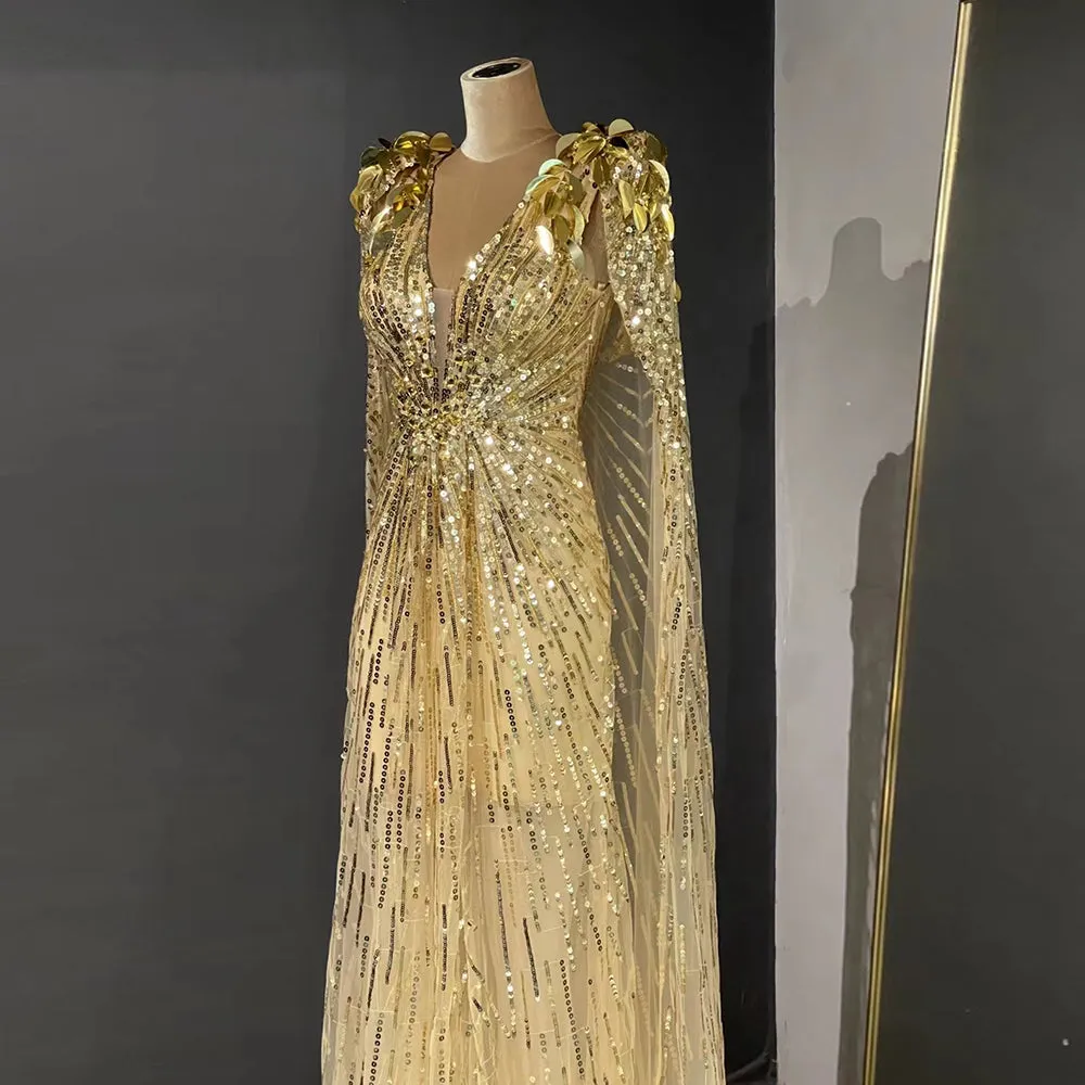 Luxury Sparkly Gold Evening Dress with Cape SS562