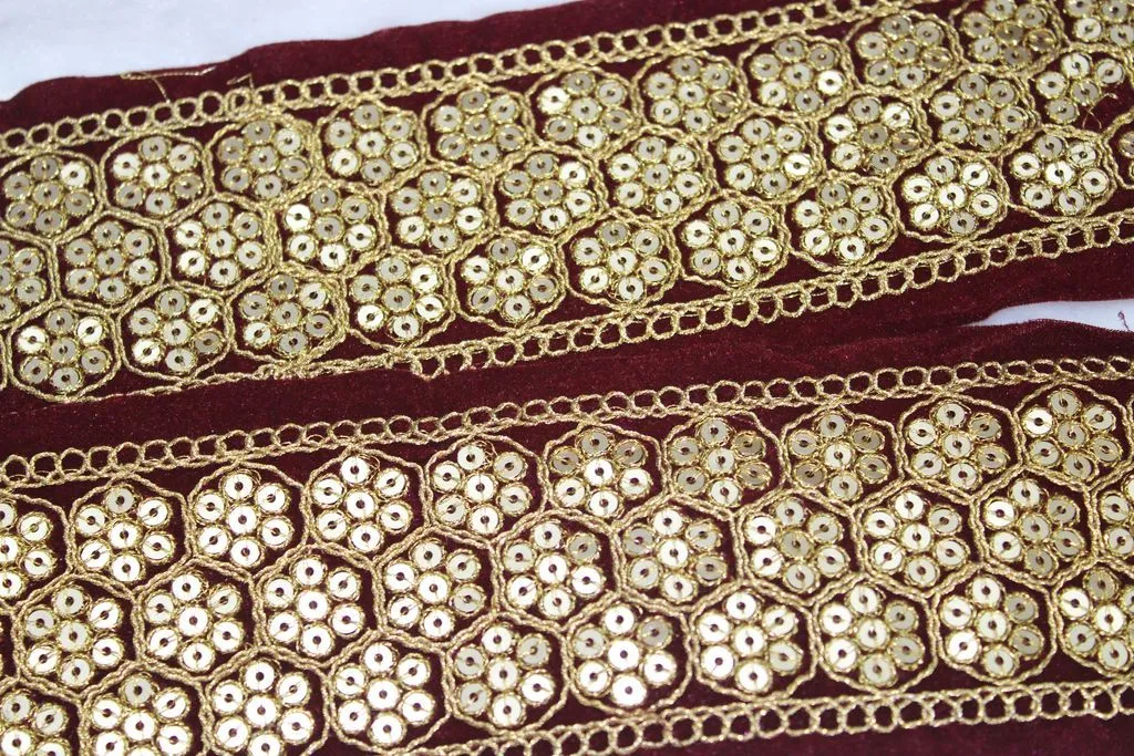 Maroon Floral Sequins Work Embroidered Border