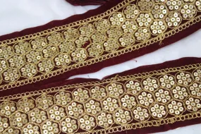 Maroon Floral Sequins Work Embroidered Border