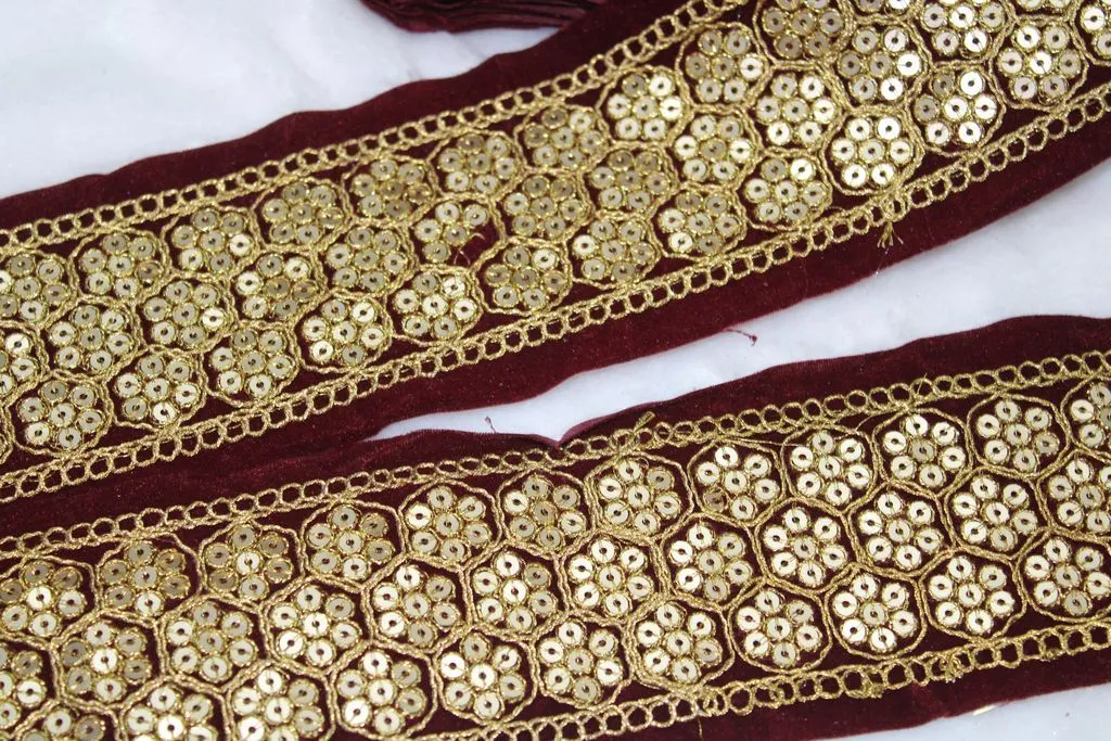 Maroon Floral Sequins Work Embroidered Border