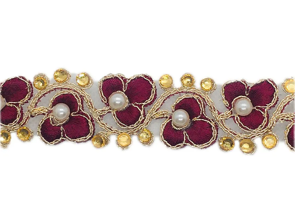 Maroon Golden Thread and Stone Work Embroidered Border