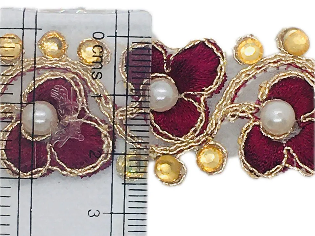 Maroon Golden Thread and Stone Work Embroidered Border
