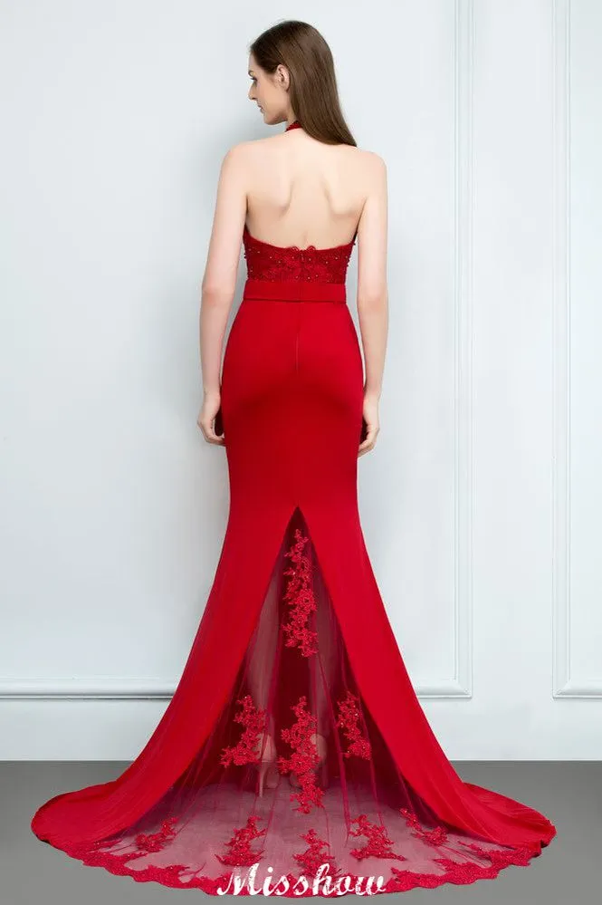 Mermaid Charmeuse Lace Halter SleevelessBridesmaid Dress Floor-Length Prom Dress