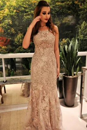 Mermaid Crew Sweep Train Gold Tulle Prom Dress with Appliques Beading LR482