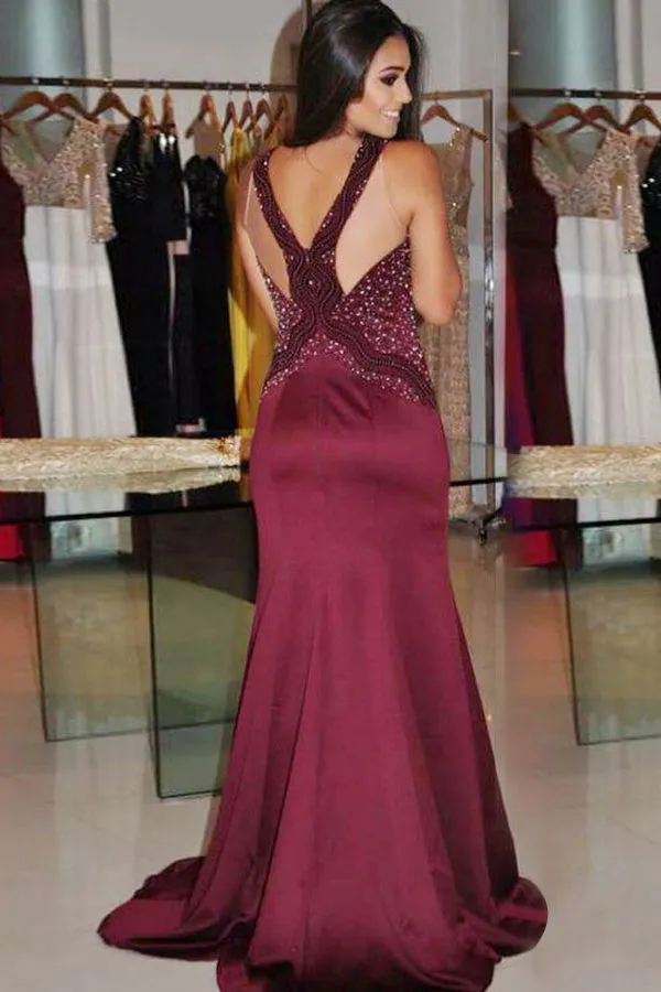 Mermaid Deep V-Neck Sweep Train Burgundy Satin Prom Dress with Beading LR412