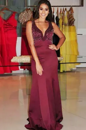 Mermaid Deep V-Neck Sweep Train Burgundy Satin Prom Dress with Beading LR412