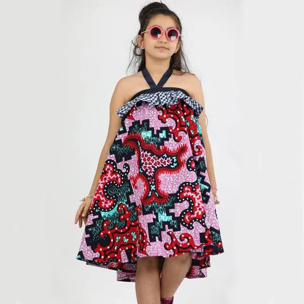 MULTICOLOUR GIRLS HALTER NECK ANKARA DRESS