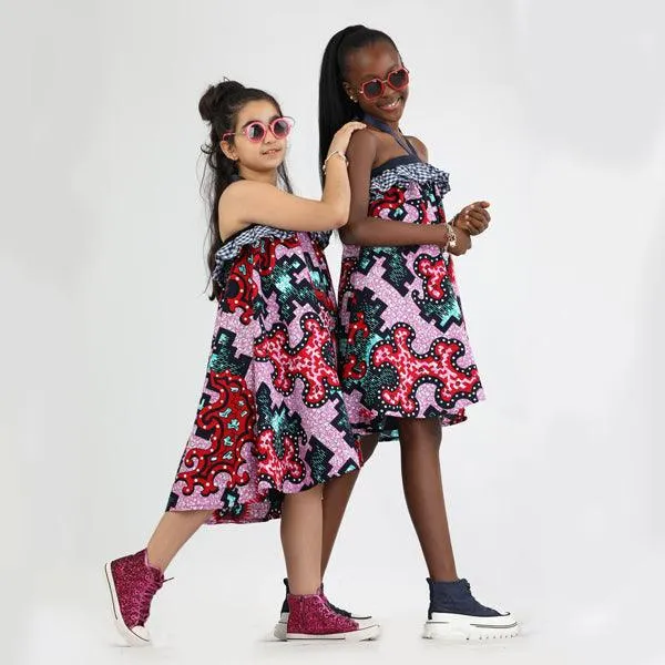 MULTICOLOUR GIRLS HALTER NECK ANKARA DRESS