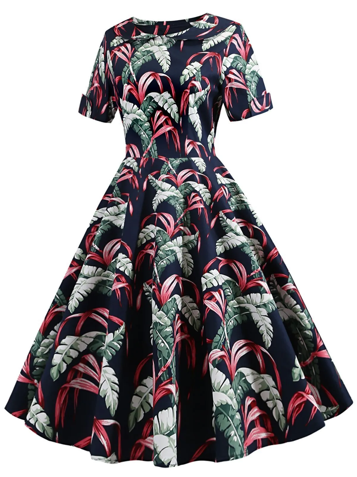Navy Blue 1950s Tropical Plants Swing Dress