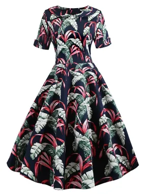 Navy Blue 1950s Tropical Plants Swing Dress