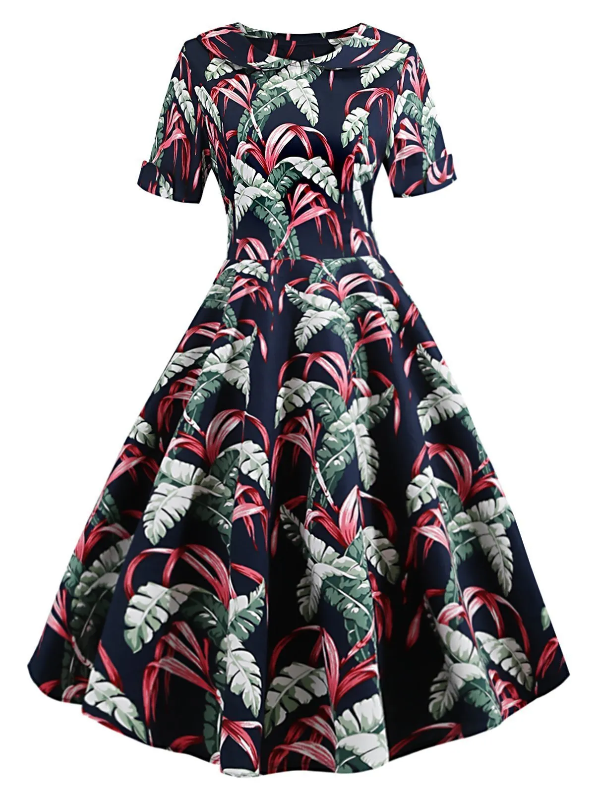 Navy Blue 1950s Tropical Plants Swing Dress