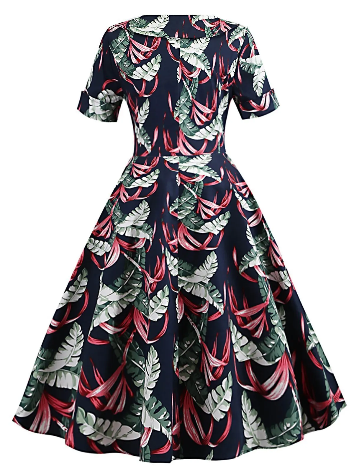 Navy Blue 1950s Tropical Plants Swing Dress