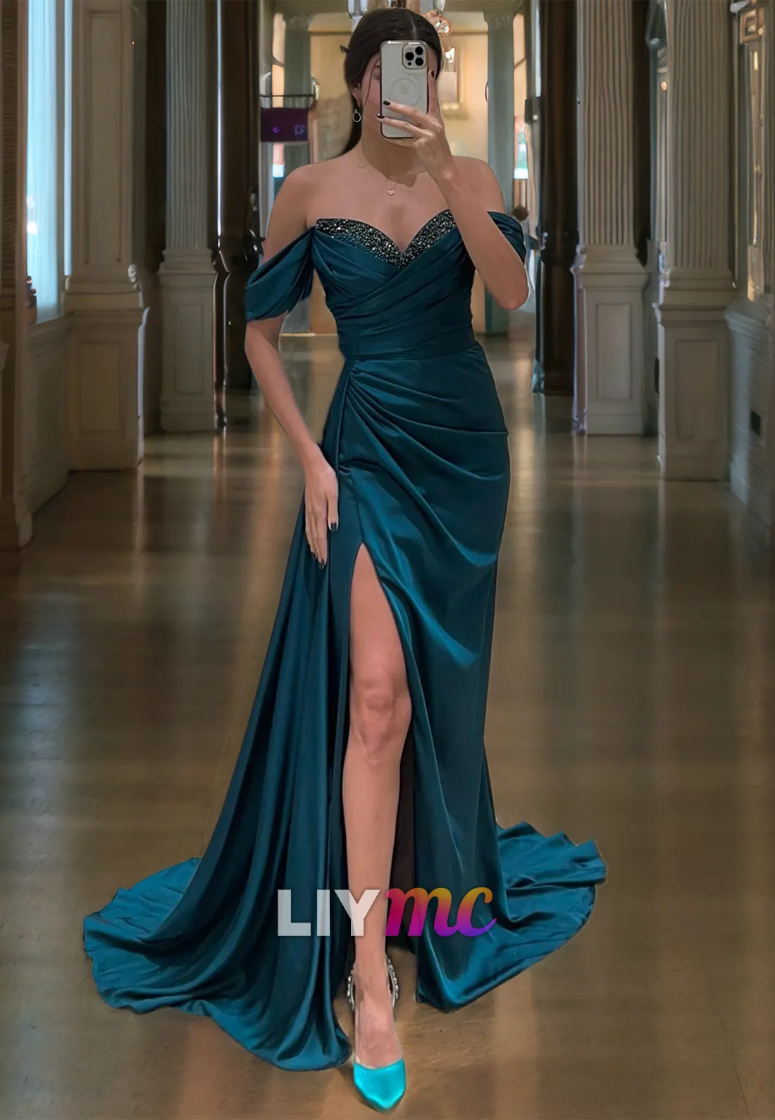 Off-Shoulder Strapless Beaded Ruched High Slit Prom Dress