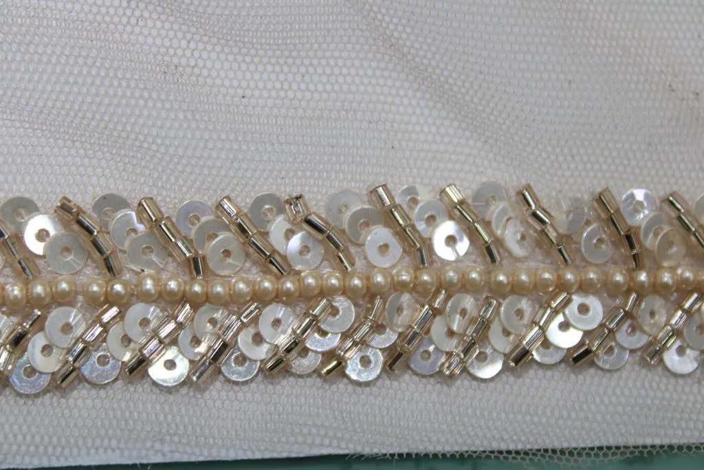 Off White Sequins and Beads Work Embroidered Border