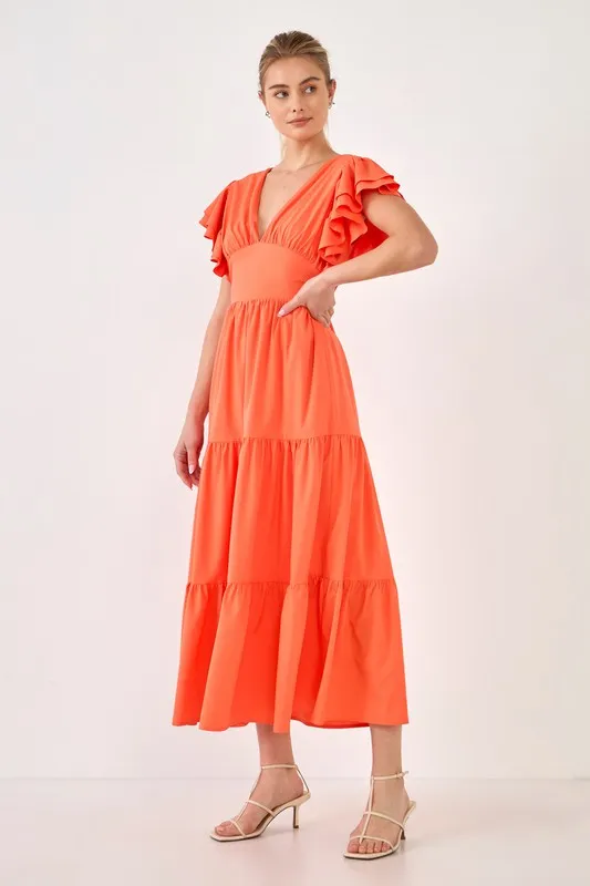 Orange Back Cut-out with Elastic Detail Midi Dress