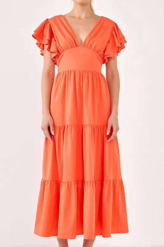 Orange Back Cut-out with Elastic Detail Midi Dress