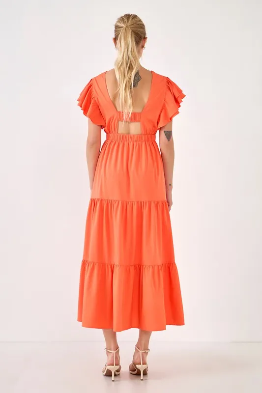 Orange Back Cut-out with Elastic Detail Midi Dress