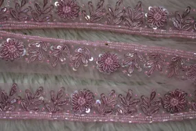Pink Floral Sequins and Beads Handwork Embroidered Border