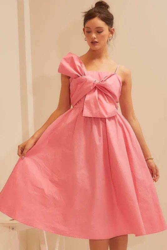 Pink Front Tie Knot Back Zipper Ruffle Solid Dress