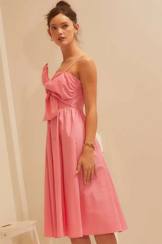 Pink Front Tie Knot Back Zipper Ruffle Solid Dress