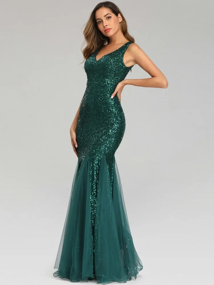 Plus Size V Neck Mermaid Burgundy Long Formal Prom Party Gown Sequins Sleeveless Evening Cocktail Dress
