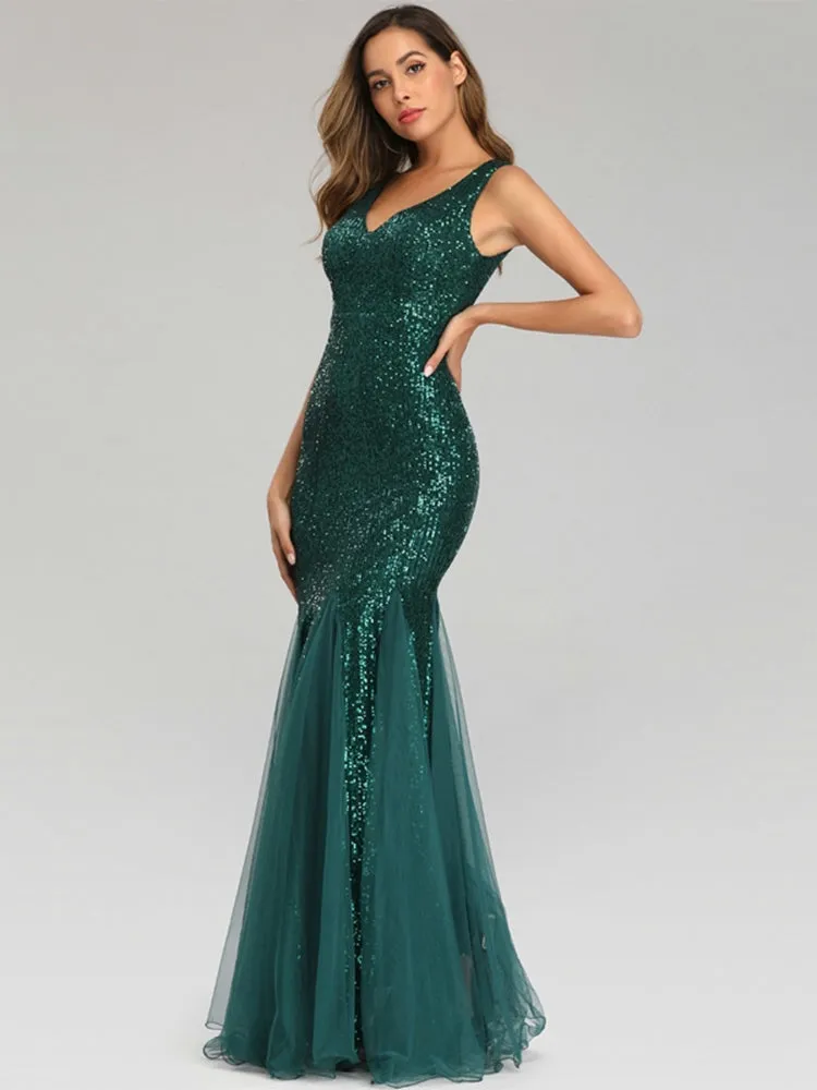 Plus Size V Neck Mermaid Burgundy Long Formal Prom Party Gown Sequins Sleeveless Evening Cocktail Dress