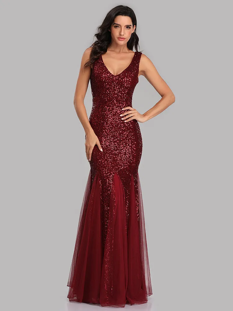 Plus Size V Neck Mermaid Burgundy Long Formal Prom Party Gown Sequins Sleeveless Evening Cocktail Dress