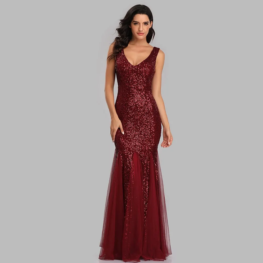 Plus Size V Neck Mermaid Burgundy Long Formal Prom Party Gown Sequins Sleeveless Evening Cocktail Dress