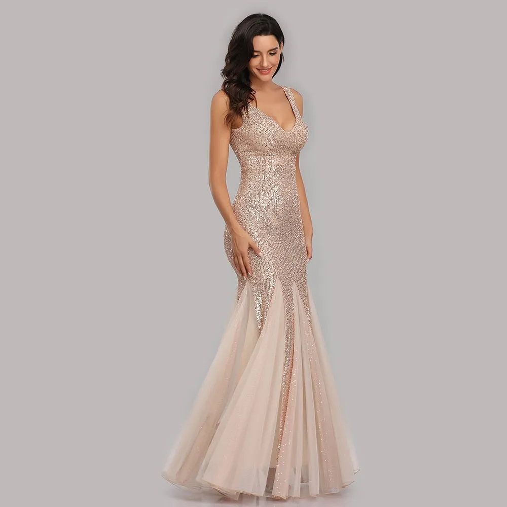 Plus Size V Neck Mermaid Burgundy Long Formal Prom Party Gown Sequins Sleeveless Evening Cocktail Dress