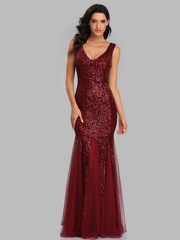 Plus Size V Neck Mermaid Burgundy Long Formal Prom Party Gown Sequins Sleeveless Evening Cocktail Dress