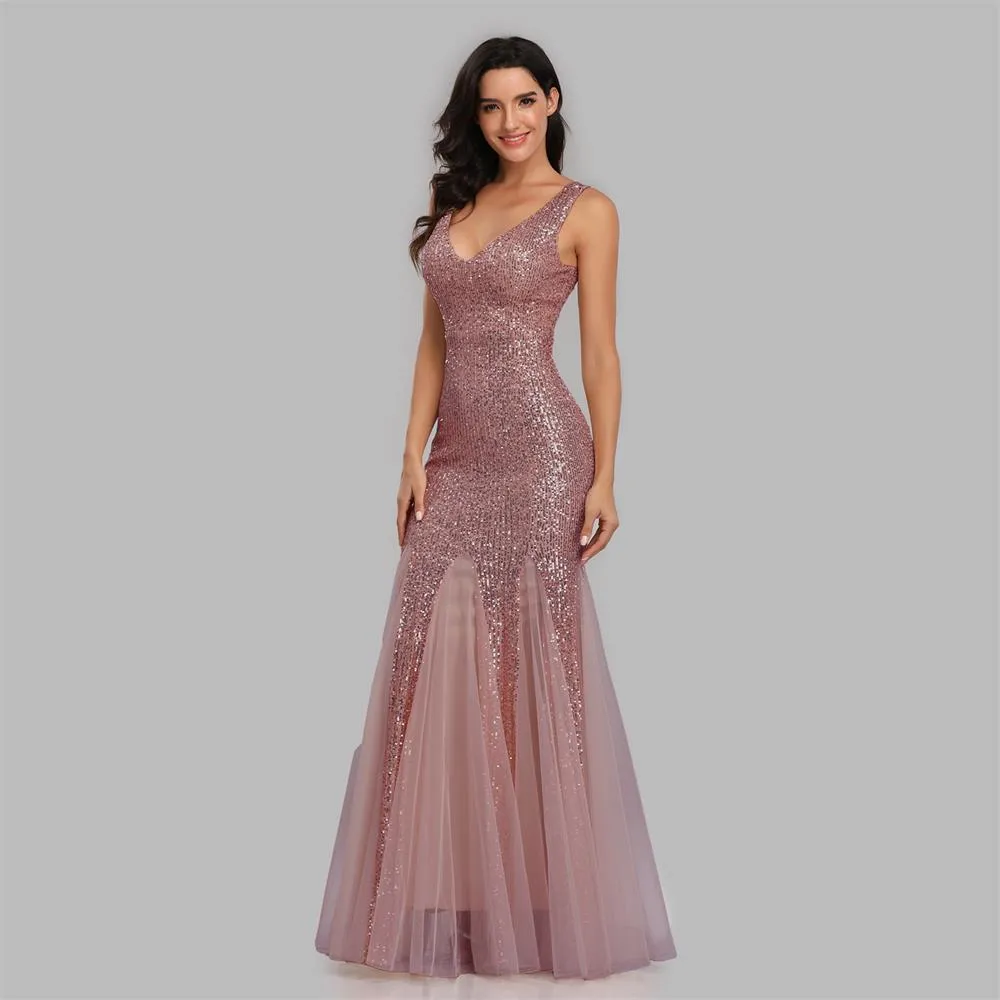 Plus Size V Neck Mermaid Burgundy Long Formal Prom Party Gown Sequins Sleeveless Evening Cocktail Dress