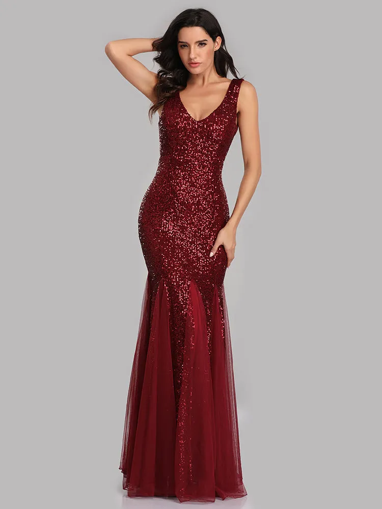 Plus Size V Neck Mermaid Burgundy Long Formal Prom Party Gown Sequins Sleeveless Evening Cocktail Dress