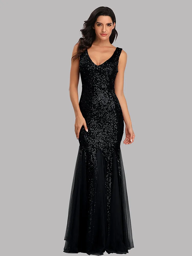 Plus Size V Neck Mermaid Burgundy Long Formal Prom Party Gown Sequins Sleeveless Evening Cocktail Dress