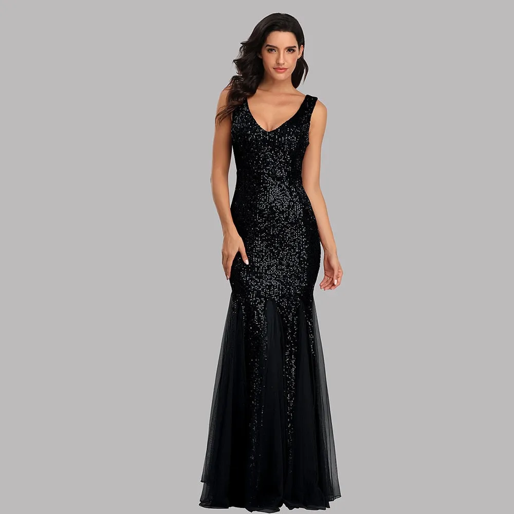 Plus Size V Neck Mermaid Burgundy Long Formal Prom Party Gown Sequins Sleeveless Evening Cocktail Dress