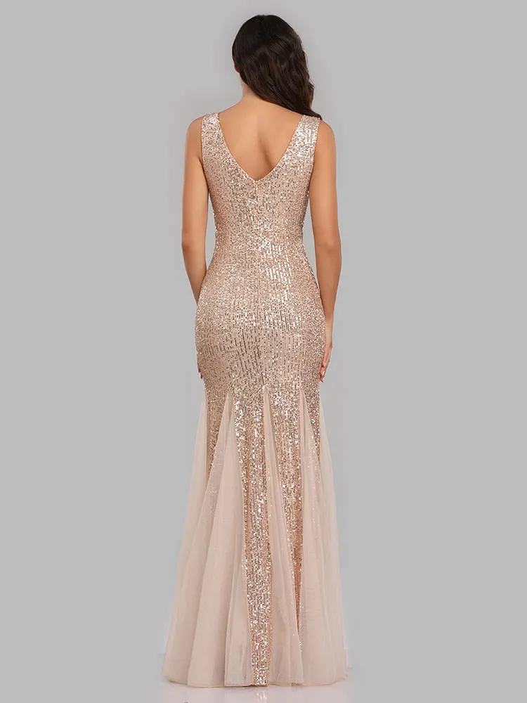 Plus Size V Neck Mermaid Burgundy Long Formal Prom Party Gown Sequins Sleeveless Evening Cocktail Dress