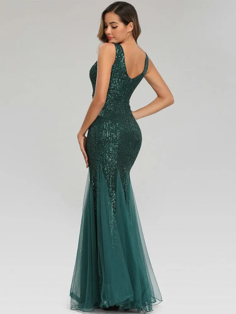 Plus Size V Neck Mermaid Burgundy Long Formal Prom Party Gown Sequins Sleeveless Evening Cocktail Dress
