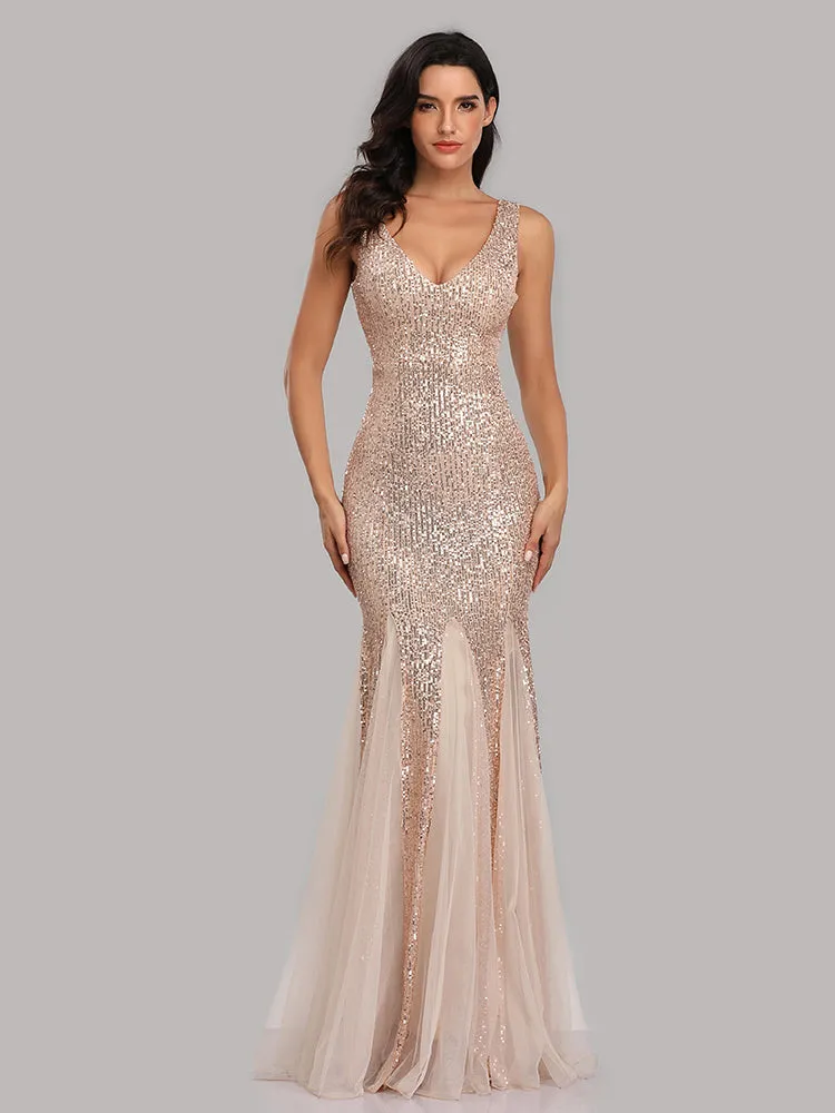 Plus Size V Neck Mermaid Burgundy Long Formal Prom Party Gown Sequins Sleeveless Evening Cocktail Dress