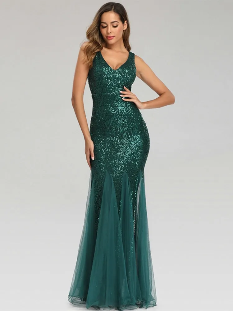 Plus Size V Neck Mermaid Burgundy Long Formal Prom Party Gown Sequins Sleeveless Evening Cocktail Dress