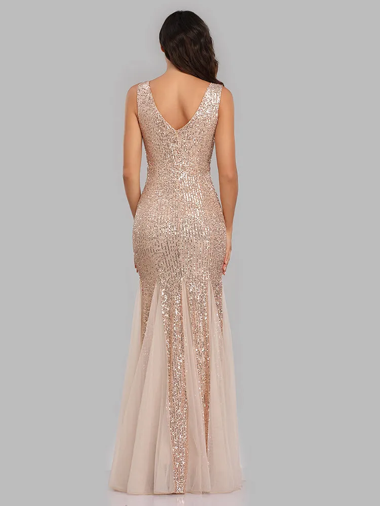 Plus Size V Neck Mermaid Burgundy Long Formal Prom Party Gown Sequins Sleeveless Evening Cocktail Dress