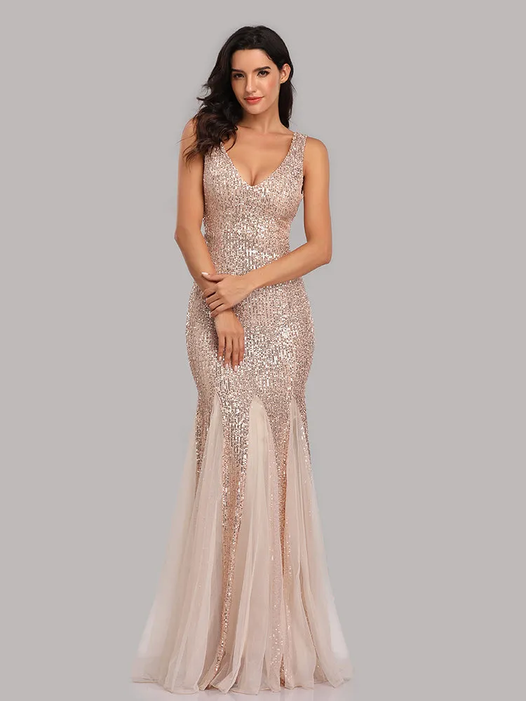 Plus Size V Neck Mermaid Burgundy Long Formal Prom Party Gown Sequins Sleeveless Evening Cocktail Dress