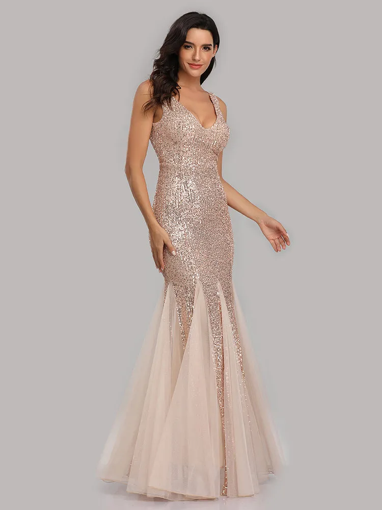 Plus Size V Neck Mermaid Burgundy Long Formal Prom Party Gown Sequins Sleeveless Evening Cocktail Dress