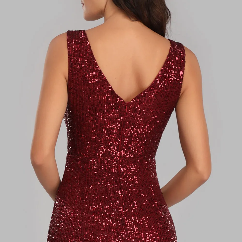 Plus Size V Neck Mermaid Burgundy Long Formal Prom Party Gown Sequins Sleeveless Evening Cocktail Dress