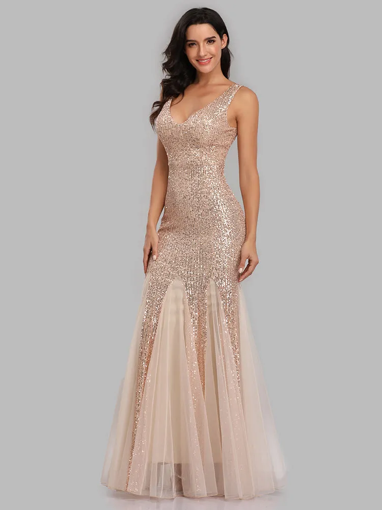 Plus Size V Neck Mermaid Burgundy Long Formal Prom Party Gown Sequins Sleeveless Evening Cocktail Dress