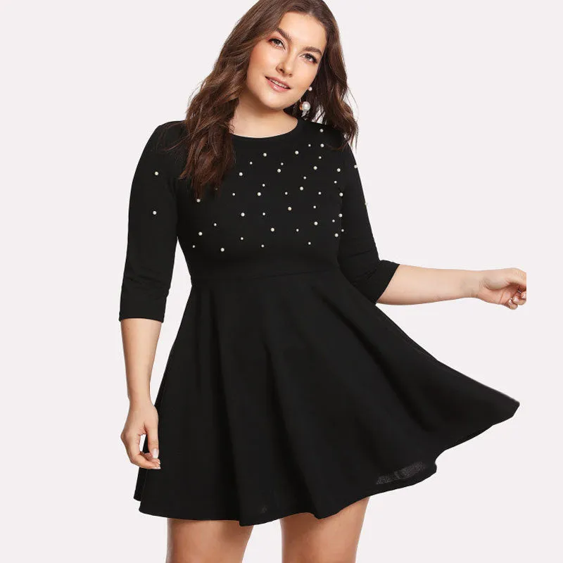 Plus Size Women Pearl Beading Fit Flare Casual Long Sleeve Elegant Dress