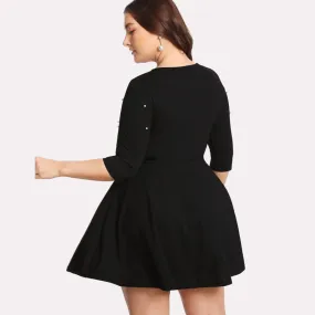 Plus Size Women Pearl Beading Fit Flare Casual Long Sleeve Elegant Dress