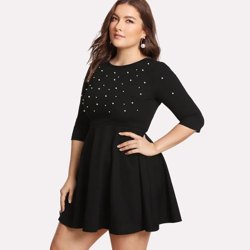 Plus Size Women Pearl Beading Fit Flare Casual Long Sleeve Elegant Dress
