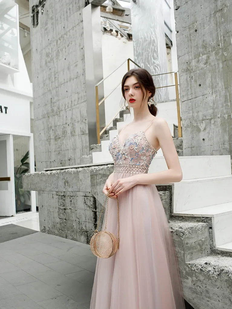 Promfast A Line Spaghetti Straps Beaded Long Tulle Prom Dresses PFP1811