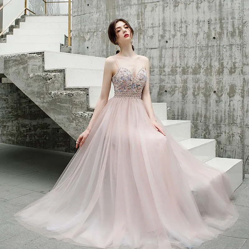 Promfast A Line Spaghetti Straps Beaded Long Tulle Prom Dresses PFP1811
