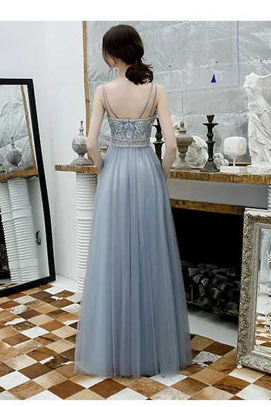 Promfast A Line Spaghetti Straps Beaded Long Tulle Prom Dresses PFP1811
